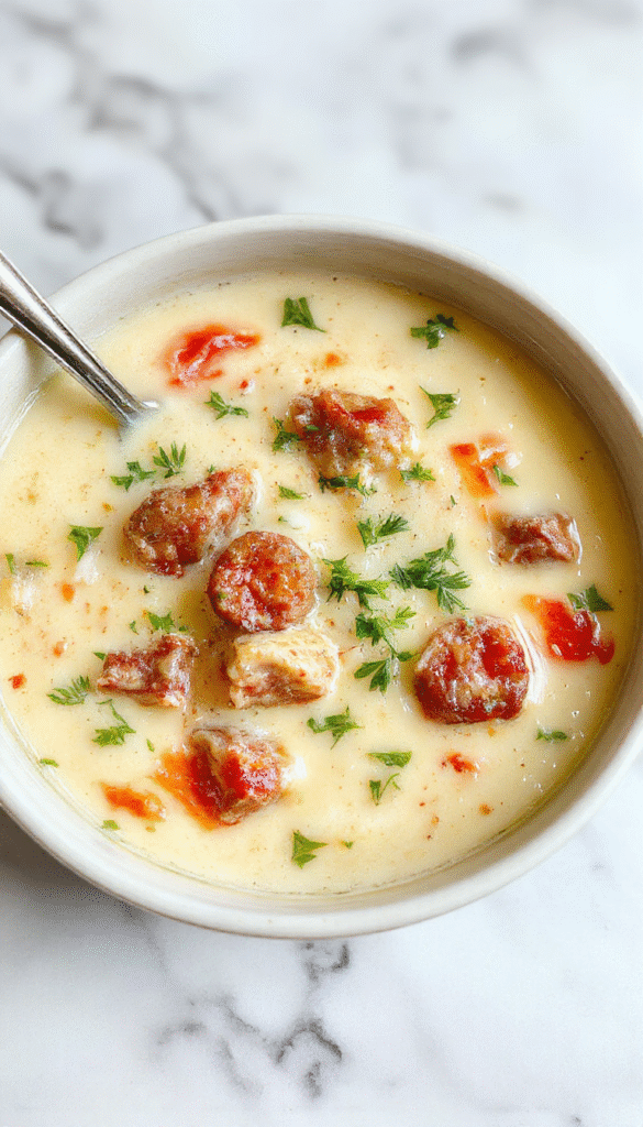 A steaming bowl of creamy italian sausage soup garnished with fresh parsley and grated parmesan cheese. The soup showcases tender sausage slices, swirls of creamy broth, and vibrant green herbs, all in a rustic white bowl on a wooden table with a spoon. The backdrop is softly blurred, emphasizing the rich textures and warm colors of the dish.
