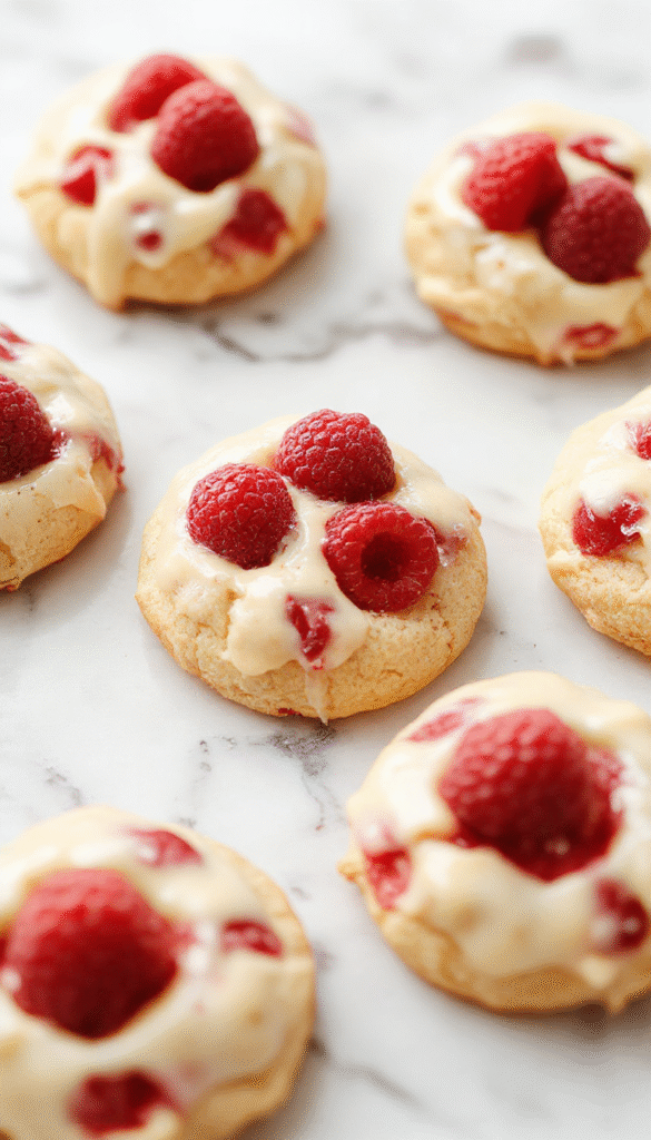 A close-up view of golden-brown raspberry crumble cookies topped with swirls of melted butter and fresh raspberries, elegantly arranged on a white plate with a rustic wooden background, capturing the glossy sheen and crumbly texture.