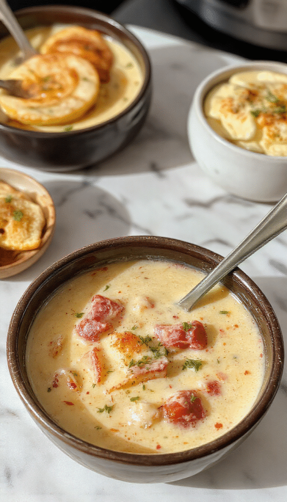 A steaming bowl of creamy Reuben soup topped with thinly sliced corned beef, melted Swiss cheese, tangy sauerkraut, garnished with chopped chives, served on a rustic wooden table