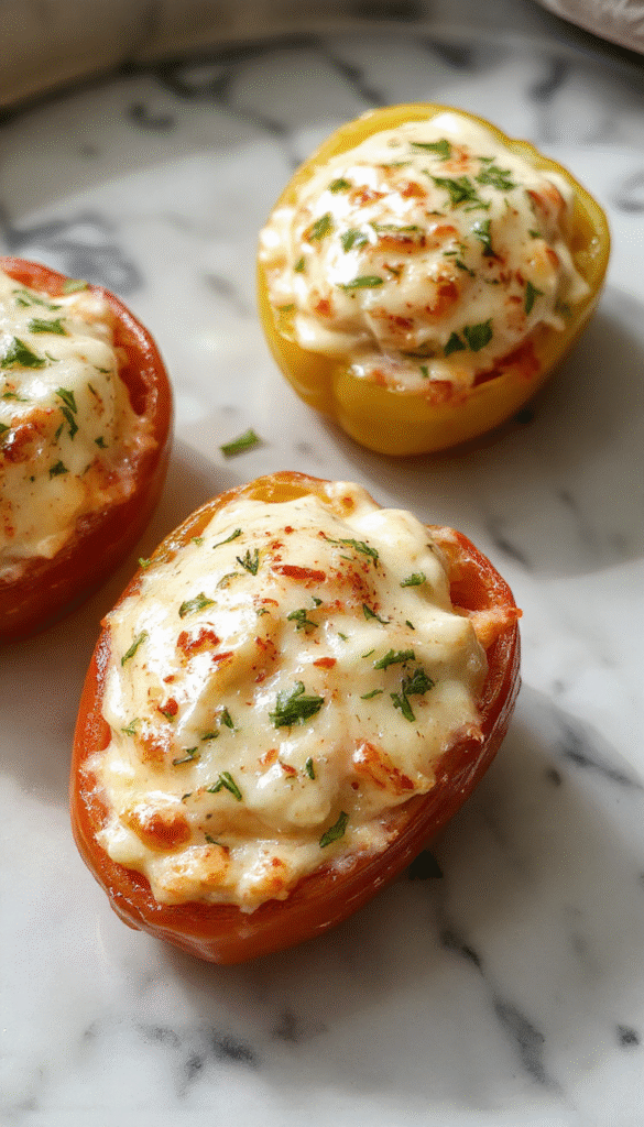 Bright red bell peppers filled with creamy ricotta cheese and herbs, arranged on a rustic wooden platter with fresh basil garnish, showcasing a vibrant and inviting presentation, with a soft natural light highlighting the glossy peppers and smooth filling textures.