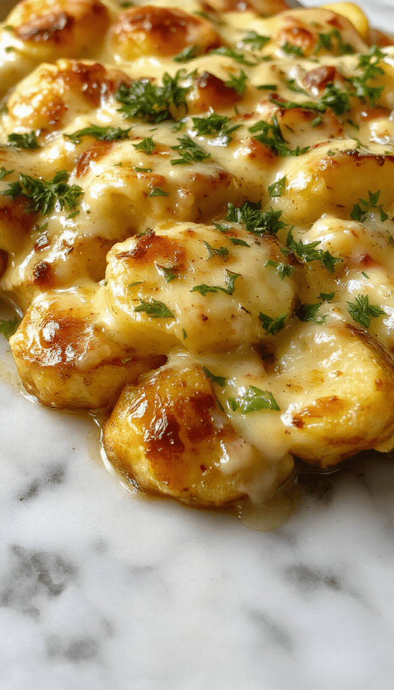 A close-up of a golden-brown potatoes au gratin dish with crispy cheese crust on top, creamy layers of thinly sliced potatoes and roasted garlic visible, garnished with fresh herbs, served in a rustic white dish.