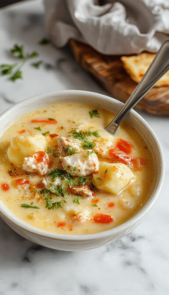 A warm bowl of creamy chicken gnocchi soup topped with fresh herbs, with tender gnocchi, shredded rotisserie chicken, and vibrant vegetables in a rich broth, styled in a rustic white bowl on a wooden surface with a bread roll and sprigs of thyme nearby.