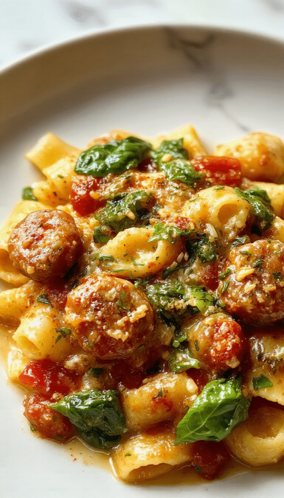 A vibrant plate of creamy sausage rigatoni garnished with fresh spinach, chopped tomatoes, and a sprinkle of grated cheese. The dish features al dente rigatoni coated in a rich, smooth sauce with slices of browned sausage, accompanied by wilted spinach and fragrant garlic. The presentation is styled on a rustic wooden table with a drizzle of sauce and herbs for a deliciously inviting look.