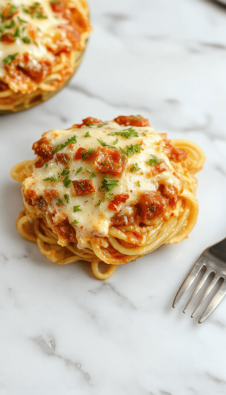 A vibrant dish of creamy southern spaghetti bake displayed on a rustic wooden table. The casserole is golden brown with bubbling cheese on top, garnished with fresh parsley. The edges show a cheesy, saucy interior, with steam rising. The background features a cozy kitchen setting with warm lighting and complementary side dishes.