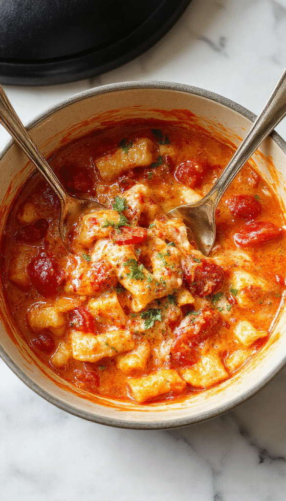 A vibrant plate of creamy tomato pasta featuring al dente spaghetti coated in a rich, luscious red sauce with visible swirls of cream and fresh basil leaves. The dish is garnished with grated cheese and served on a rustic white plate, styled with a sprig of basil on top and a light sprinkle of black pepper, set against a warm wooden table background.