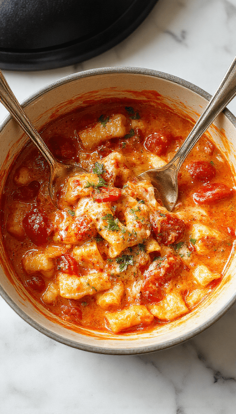 A vibrant plate of creamy tomato pasta featuring al dente spaghetti coated in a rich, luscious red sauce with visible swirls of cream and fresh basil leaves. The dish is garnished with grated cheese and served on a rustic white plate, styled with a sprig of basil on top and a light sprinkle of black pepper, set against a warm wooden table background.