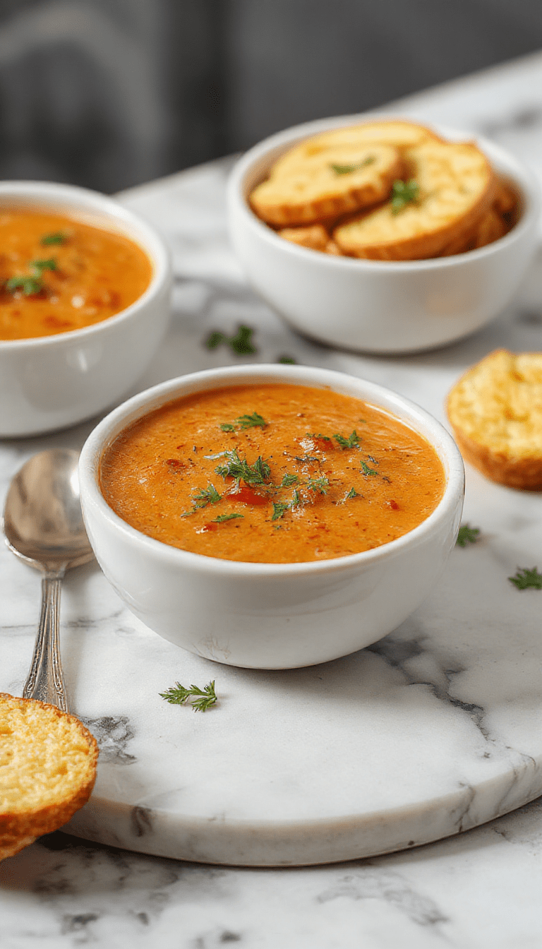 A vibrant bowl of creamy tomato soup garnished with fresh basil and a swirl of cream. The soup is a rich orange-red color, served in a rustic white bowl on a wooden table, with a side of toasted bread slices and a sprig of basil for garnish. The textures appear smooth and velvety, inviting warmth and comfort.