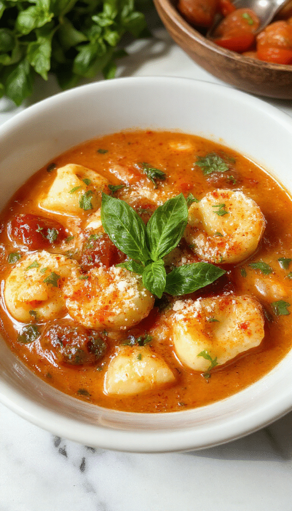 A vibrant bowl of tomato tortellini soup featuring plump tortellini, bright red tomato broth, garnished with fresh basil leaves and grated Parmesan, served on a rustic wooden table with a spoon, emphasizing warm, inviting textures and fresh ingredients.