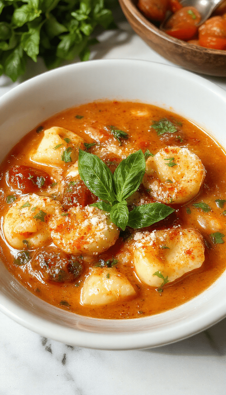 A vibrant bowl of tomato tortellini soup featuring plump tortellini, bright red tomato broth, garnished with fresh basil leaves and grated Parmesan, served on a rustic wooden table with a spoon, emphasizing warm, inviting textures and fresh ingredients.