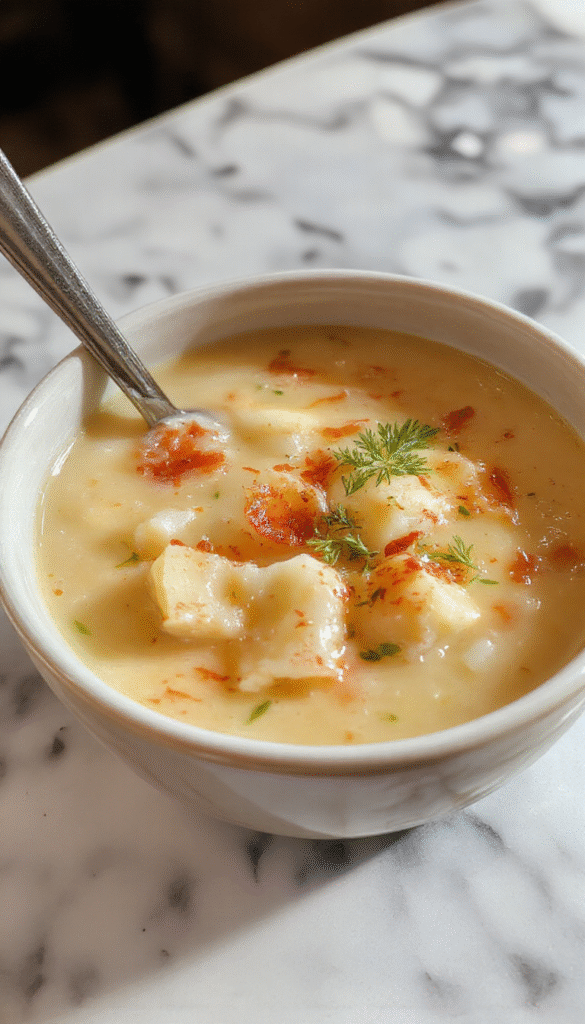 A warm bowl of Polish potato soup topped with fresh herbs, served alongside slices of crusty bread, highlighting the creamy texture and rustic presentation with vibrant green garnish and steaming steam rising.