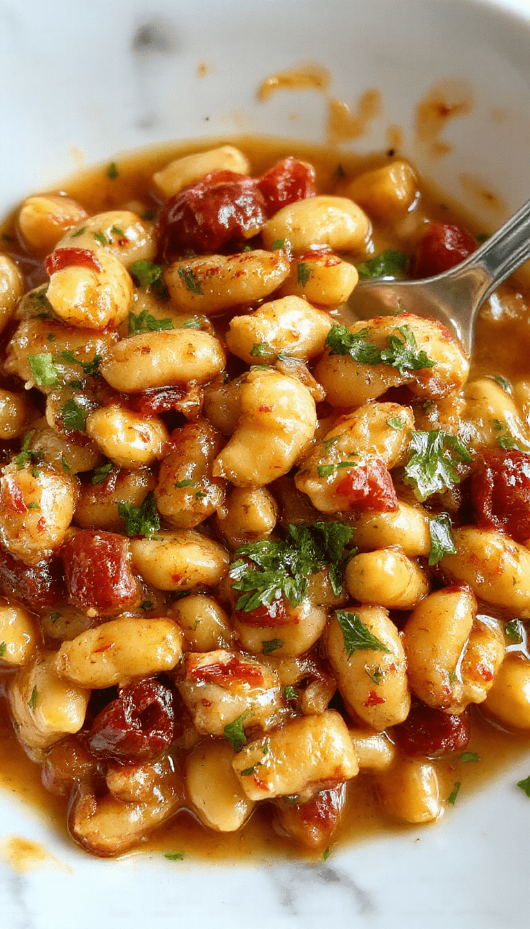 A close-up of a creamy Tuscan butter beans dish with tender beans coated in a rich, aromatic sauce, garnished with fresh herbs, served in a white bowl on a rustic wooden table.