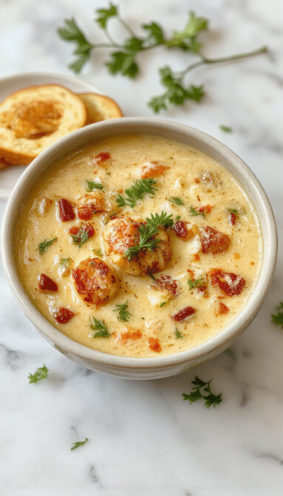 A steaming bowl of creamy Tuscan Parmesan soup garnished with fresh basil and grated Parmesan cheese. The soup has a smooth, velvety texture and is served in a rustic white bowl on a wooden table, with slices of crusty bread and sprigs of basil around it. The rich golden color of the soup contrasts with the vibrant green herbs, creating an inviting and warm scene.
