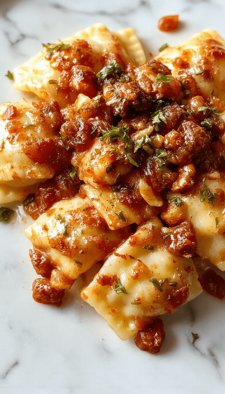A vibrant plate of creamy Tuscan ravioli featuring golden-brown edges and a luscious white sauce with spinach, cherry tomatoes, and grated Parmesan, garnished with fresh herbs, set on a rustic wooden table with a fork and a sprig of basil.