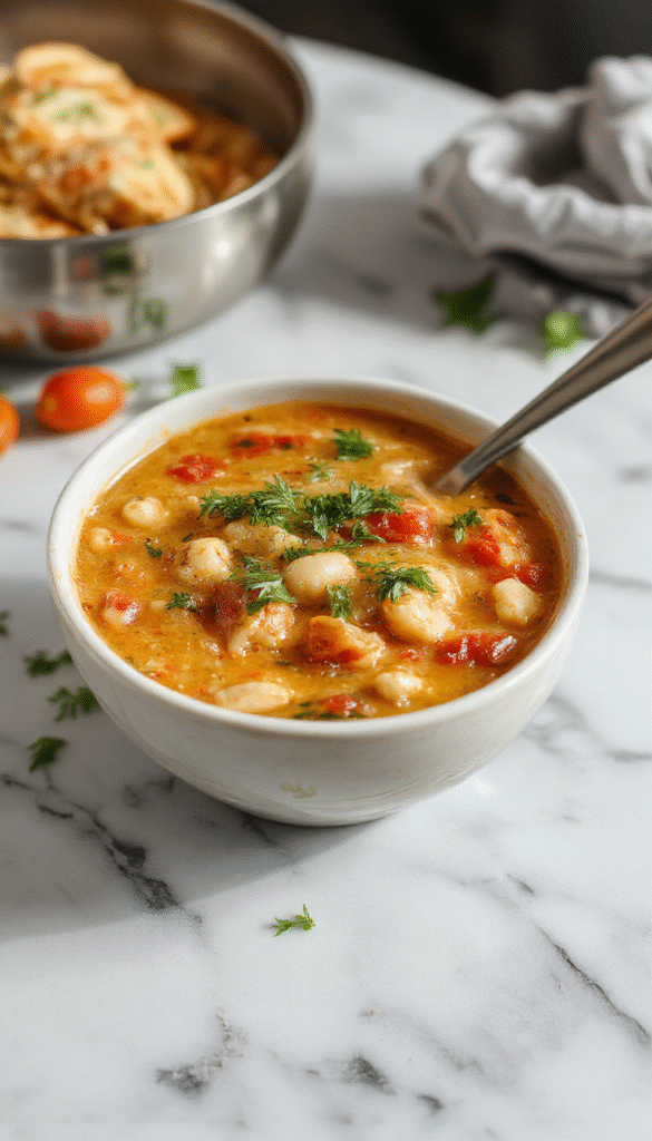 A vibrant bowl of creamy vegan tomato white bean stew featuring a rich tomato broth dotted with white beans, garnished with fresh herbs, served in a rustic white bowl on a wooden table with a side of crusty bread and fresh greens, capturing the textures of creamy beans and smooth tomato sauce with colorful fresh herbs.