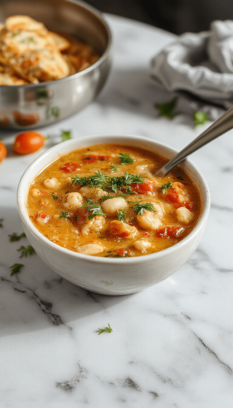 A vibrant bowl of creamy vegan tomato white bean stew featuring a rich tomato broth dotted with white beans, garnished with fresh herbs, served in a rustic white bowl on a wooden table with a side of crusty bread and fresh greens, capturing the textures of creamy beans and smooth tomato sauce with colorful fresh herbs.