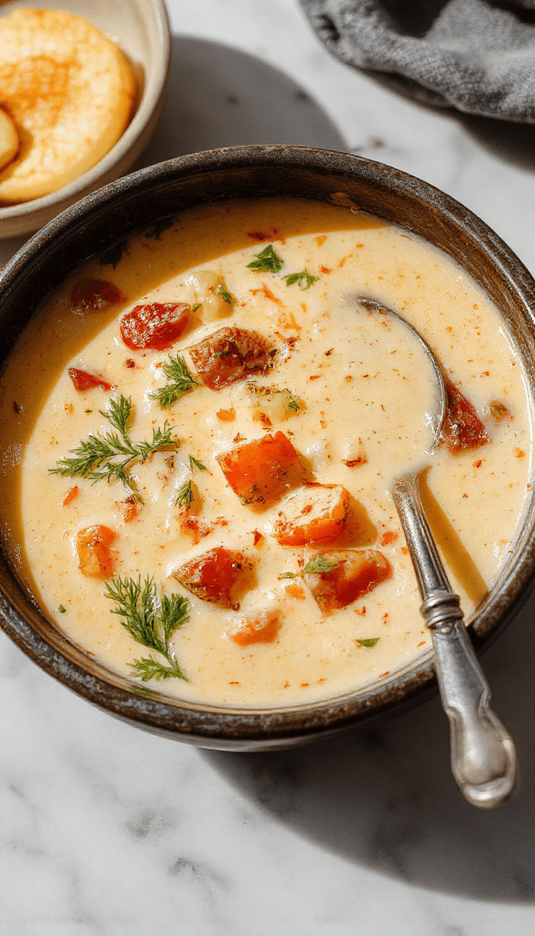 A vibrant bowl of creamy vegetable soup with a smooth texture, garnished with fresh herbs and colorful chopped vegetables surrounding it, served in a rustic white bowl on a wooden table with a soft-focus background emphasizing warmth and comfort
