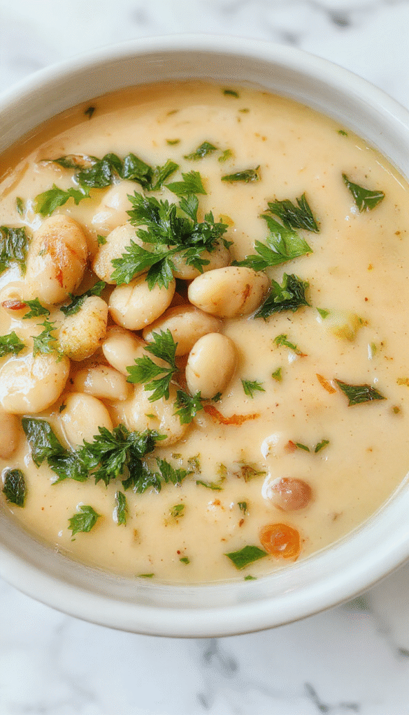 A bowl of creamy white bean soup garnished with fresh herbs, served alongside crusty bread, vibrant green herbs, and a rustic wooden table setting, showcasing a warm, textured, and inviting dish with smooth, creamy consistency.