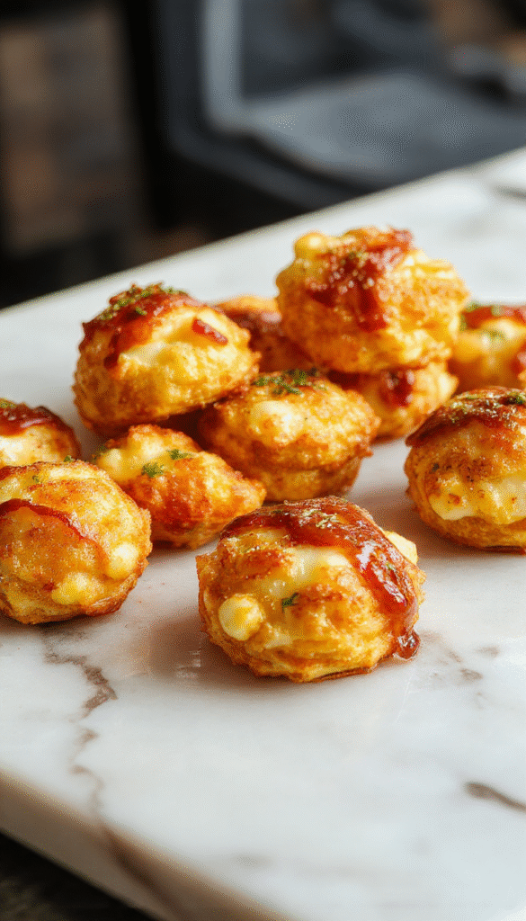 Golden brown crispy corn cheese bites arranged on a white plate with a sprinkle of chopped green herbs on top, showcasing their crispy exterior and melted cheesy interior. The bites are stacked and garnished with a few corn kernels and cheese shreds, with a blurred background highlighting a vibrant, inviting snack presentation.