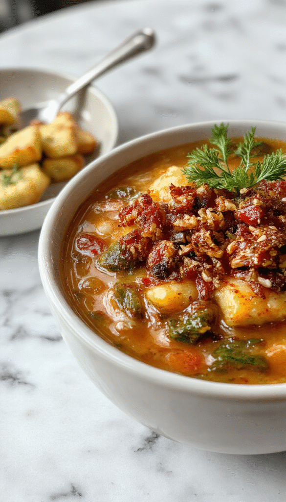 A vibrant bowl of Vegetable Soup with bright orange carrots, green zucchinis, and red tomatoes, garnished with fresh herbs. The soup is presented in a white bowl on a rustic wooden table, with a spoon resting nearby, highlighting its colorful ingredients and warm, inviting textures.