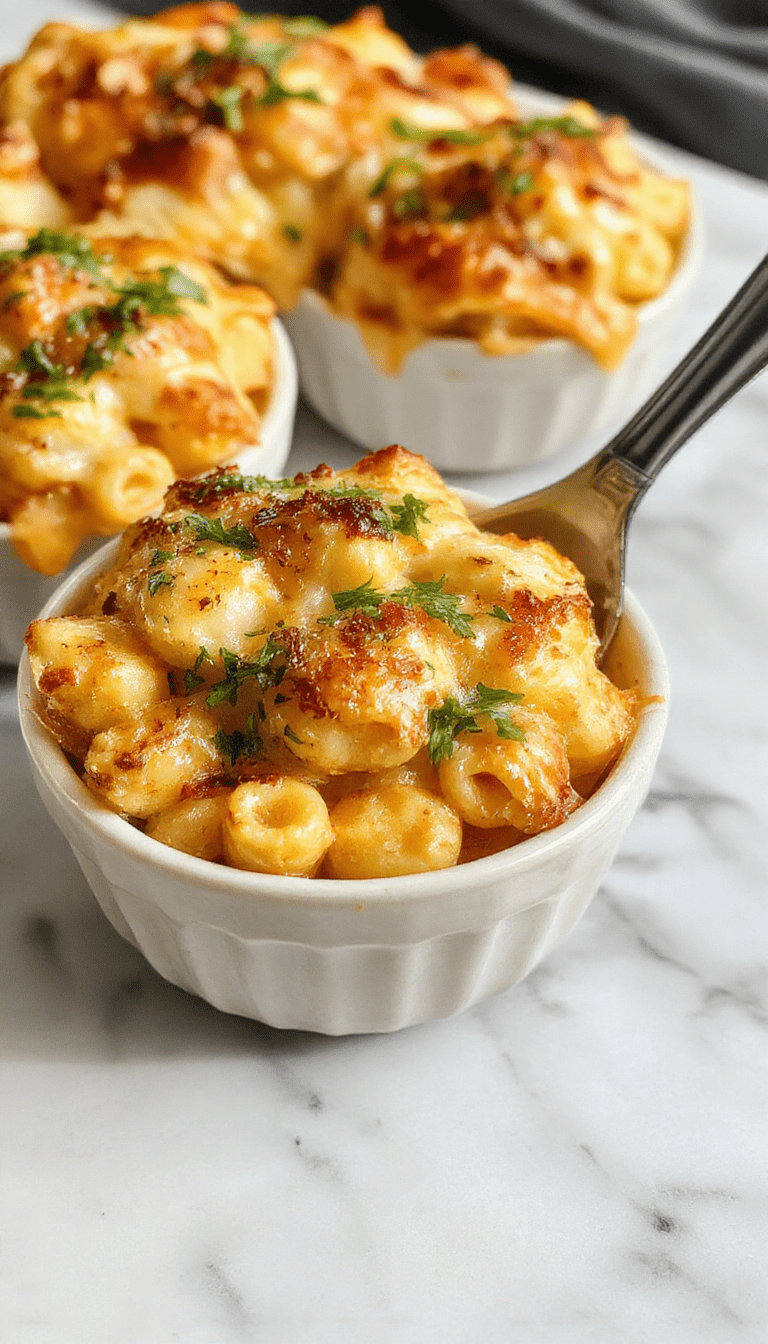 A close-up of a golden-baked mac and cheese dish with a crispy breadcrumb topping, served in a rustic white casserole dish, with gooey melted cheese and a crunchy crust, garnished with fresh herbs and presented on a wooden table.