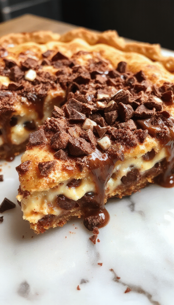 A sliced chocolate chip cannoli pie showcasing a golden, textured crust filled with creamy ricotta cheese and dotted with rich, melted chocolate chips. The pie is garnished with powdered sugar and optional chocolate curls, set on a rustic wooden platter with a vintage fork nearby, highlighting its indulgent and inviting appeal.