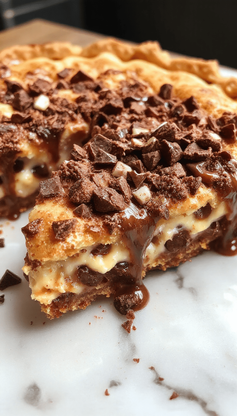 A sliced chocolate chip cannoli pie showcasing a golden, textured crust filled with creamy ricotta cheese and dotted with rich, melted chocolate chips. The pie is garnished with powdered sugar and optional chocolate curls, set on a rustic wooden platter with a vintage fork nearby, highlighting its indulgent and inviting appeal.