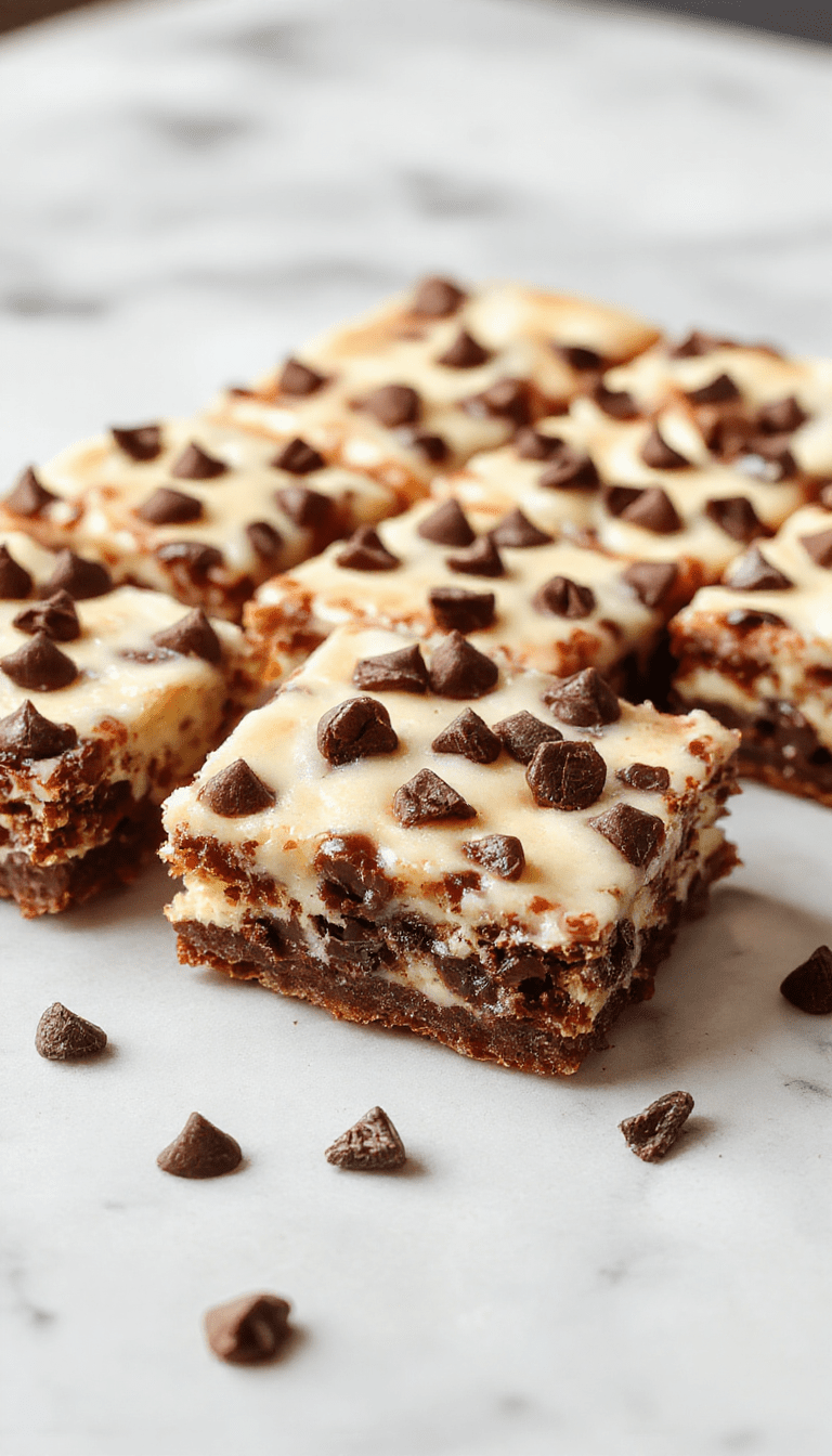 A close-up of golden-brown cheesecake bars topped with semi-sweet chocolate chips, sliced to reveal a creamy, smooth interior. The bars are arranged on a rustic wooden platter with a dusting of powdered sugar and a few chocolate chips scattered around, styled with fresh mint leaves for contrast and freshness.
