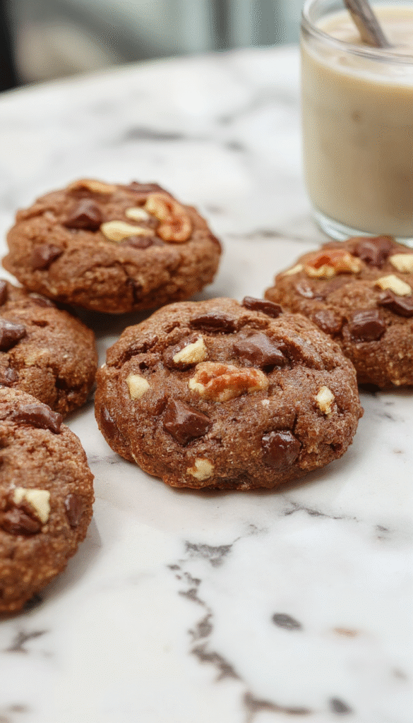 A close-up of a freshly baked chocolate walnut cookie with a rich, dark chocolate base studded with chunks of walnut, presented on a rustic wooden board with a light dusting of powdered sugar and a few walnuts scattered around, with a soft-focus background highlighting the textured cookie's gooey interior and crunchy exterior, styled simply for an inviting homemade look.