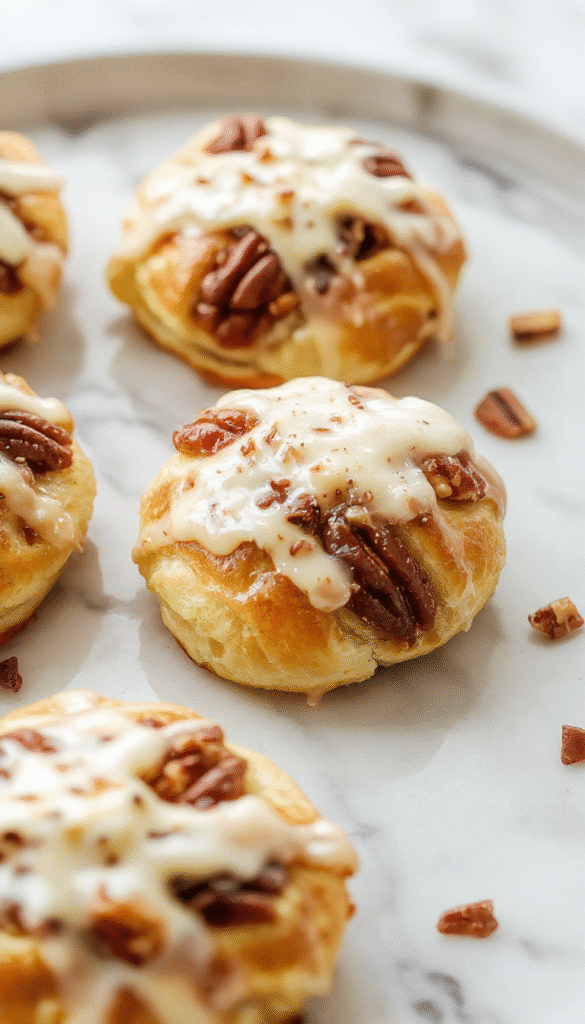 Golden brown buttery crescent rolls filled with caramelized pecan filling, arranged on a rustic white plate with a soft-focus background, displaying a glossy finish and flaky texture with visible nut chunks inside.