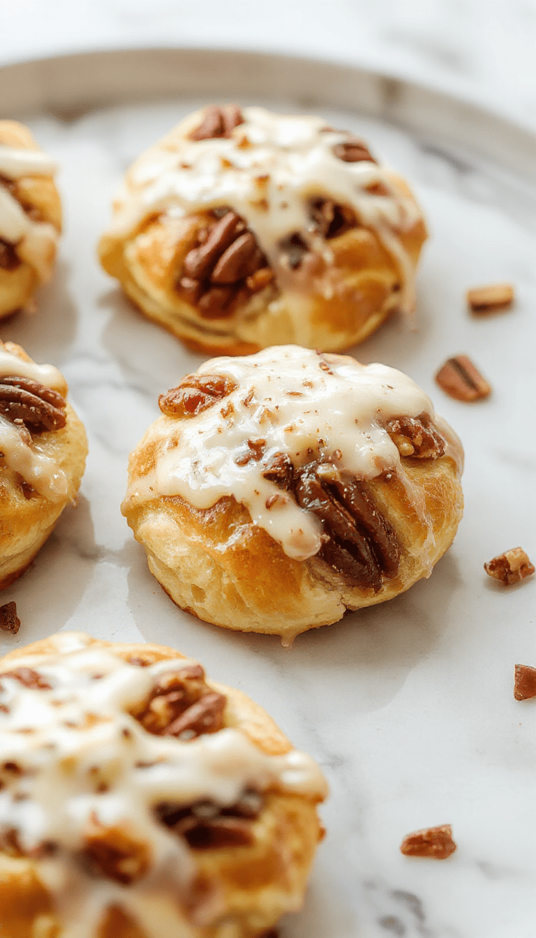 Golden brown buttery crescent rolls filled with caramelized pecan filling, arranged on a rustic white plate with a soft-focus background, displaying a glossy finish and flaky texture with visible nut chunks inside.