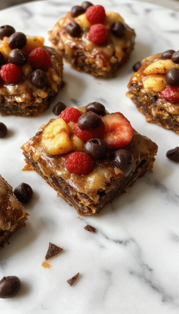 Colorful brownie fruit pizza topped with fresh strawberries, blueberries, kiwi slices, and a drizzle of chocolate sauce on a white ceramic plate, with a rustic wooden background and a sprig of mint for garnish.