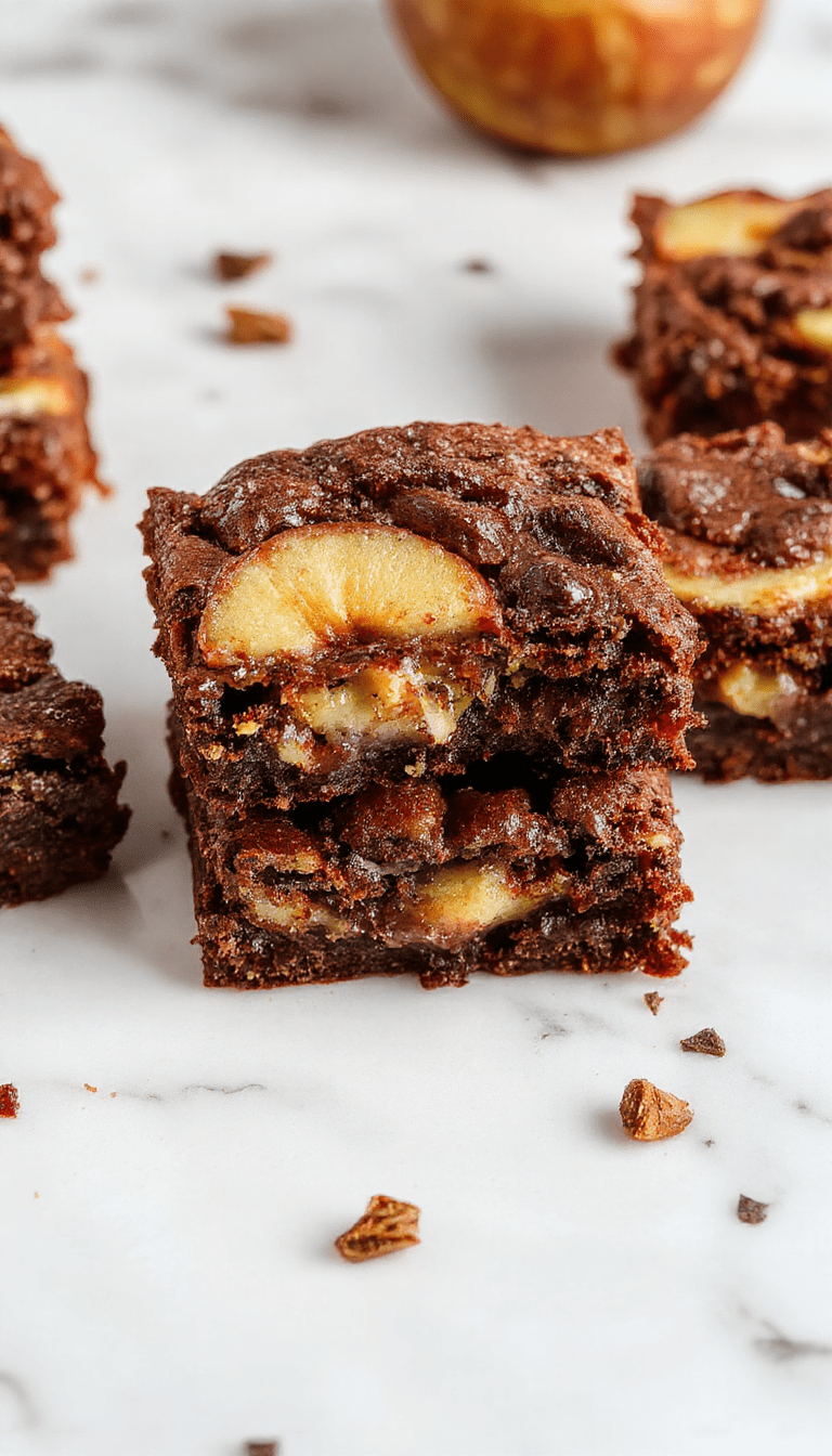 A vibrant dessert image showcasing rich, fudgy apple brownies topped with a sprinkle of cinnamon and a drizzle of caramel, presented on a rustic wooden platter with fresh apple slices and a dusting of powdered sugar, capturing warm fall tones and inviting textures.