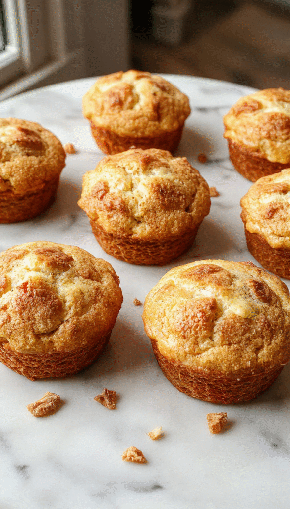 Golden-brown apple cinnamon muffins arranged on a rustic wooden plate, garnished with a sprinkle of cinnamon and fresh apple slices, with a soft-focus background of a cozy kitchen setting.