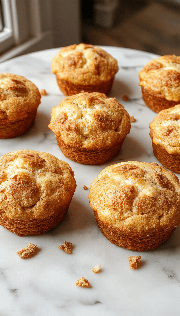 Golden-brown apple cinnamon muffins arranged on a rustic wooden plate, garnished with a sprinkle of cinnamon and fresh apple slices, with a soft-focus background of a cozy kitchen setting.