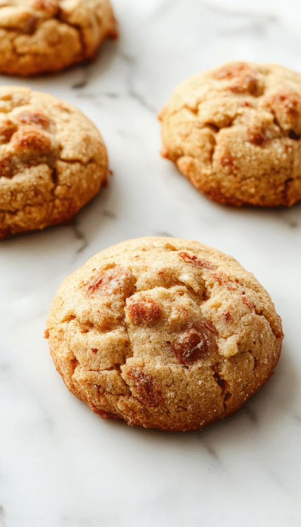 Colorful close-up of golden-brown apple cinnamon snickerdoodle cookies arranged on a rustic white plate, with a cinnamon-sugar coating visible on the textured surface, garnished with slices of fresh apple and a cinnamon stick, styled on a wooden table with warm lighting.