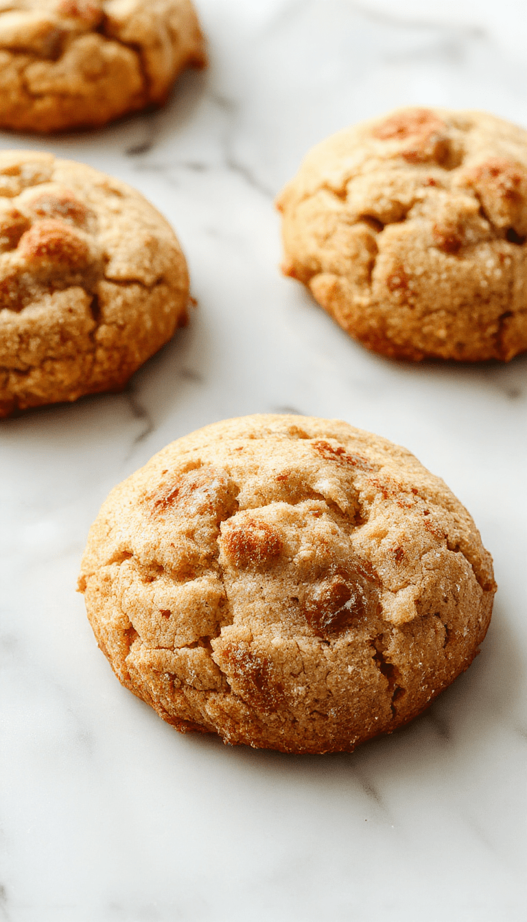 Colorful close-up of golden-brown apple cinnamon snickerdoodle cookies arranged on a rustic white plate, with a cinnamon-sugar coating visible on the textured surface, garnished with slices of fresh apple and a cinnamon stick, styled on a wooden table with warm lighting.