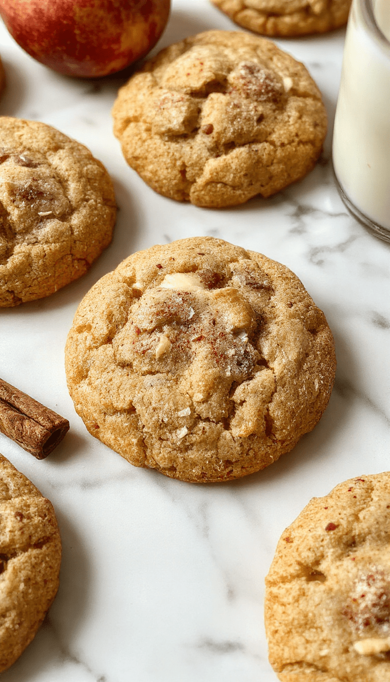 A close-up photo of golden-brown apple cinnamon snickerdoodle cookies arranged on a rustic wooden tray, sprinkled with cinnamon sugar, showcasing their soft center and slightly cracked surface, with a few slices of fresh apple and a cinnamon stick in the background, styled with a cozy, autumn-themed setting
