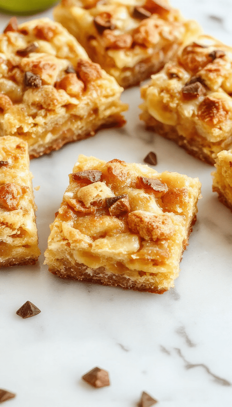 A close-up view of golden apple crisp shortbread bars with flaky, buttery shortbread crust topped with caramelized apple slices and a crunchy oat topping, garnished with a sprinkle of cinnamon and served on a rustic wooden platter with a fork.