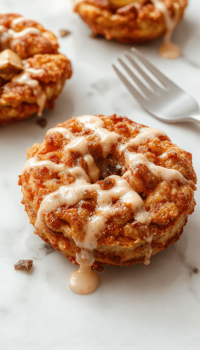 Golden-brown baked apple fritters arranged on a white plate, drizzled with glossy sweet glaze, garnished with cinnamon dust, and surrounded by fresh apple slices, styled on rustic wooden table with soft natural lighting.