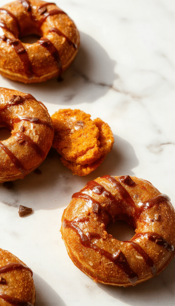 A close-up of golden-brown baked pumpkin donuts dusted with powdered sugar, arranged on a rustic wooden platter with a cozy background featuring autumn leaves and cinnamon sticks, highlighting their moist texture and vibrant orange color.