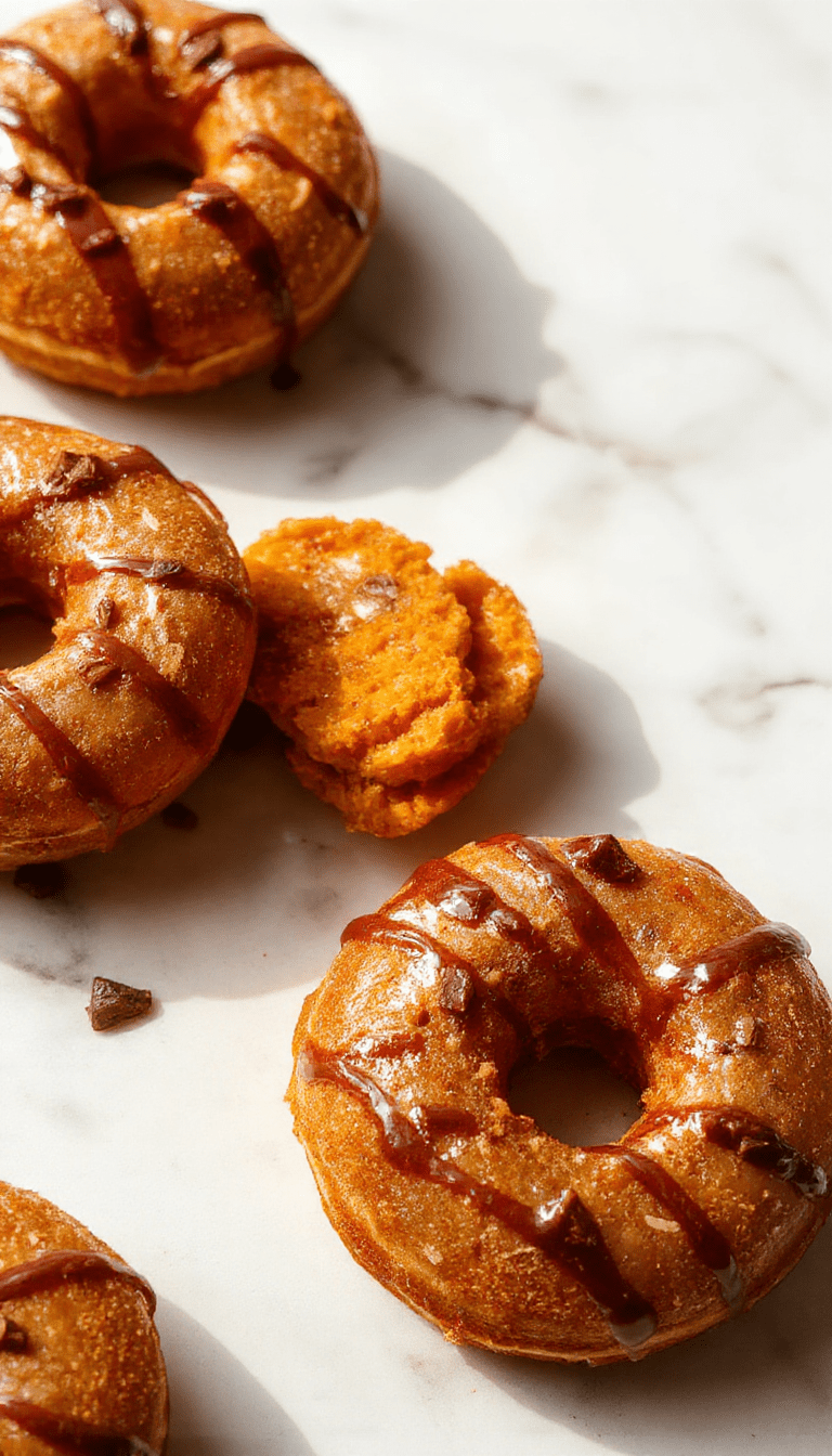 A close-up of golden-brown baked pumpkin donuts dusted with powdered sugar, arranged on a rustic wooden platter with a cozy background featuring autumn leaves and cinnamon sticks, highlighting their moist texture and vibrant orange color.