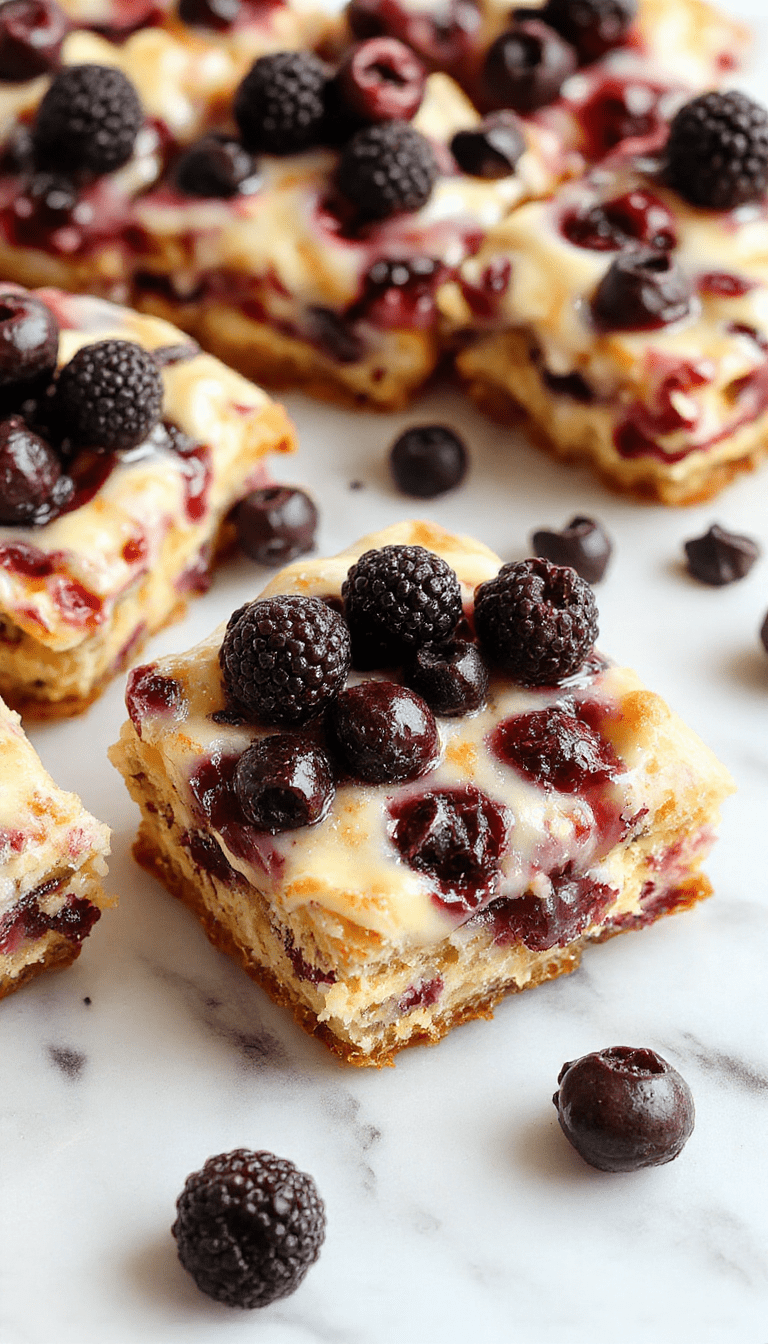 Colorful blueberry cream cheese bars arranged on a white plate, topped with fresh blueberries and a drizzle of glaze, showcasing a golden-brown crust, creamy filling, and vibrant berries, styled with a sprig of mint for a fresh touch