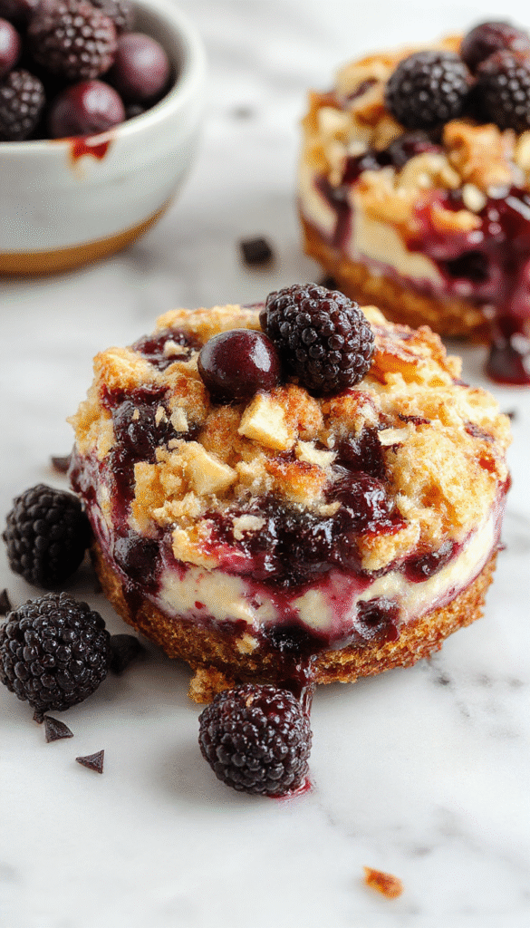 A close-up shot of a sliced blueberry crumble cheesecake on a white plate, showing a creamy cheesecake layer topped with vibrant blueberry topping and golden crumble crust, garnished with fresh blueberries and mint leaves, styled on a rustic wooden surface with natural lighting.