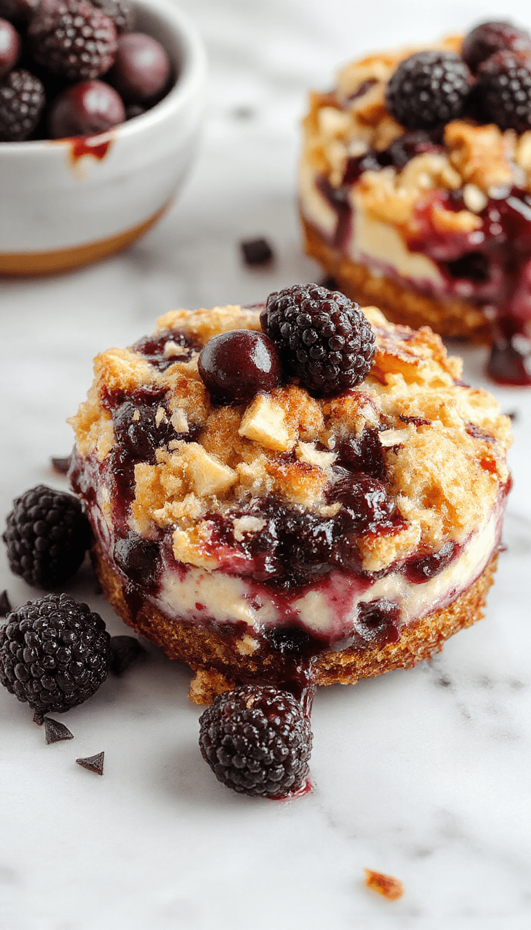 A close-up shot of a sliced blueberry crumble cheesecake on a white plate, showing a creamy cheesecake layer topped with vibrant blueberry topping and golden crumble crust, garnished with fresh blueberries and mint leaves, styled on a rustic wooden surface with natural lighting.