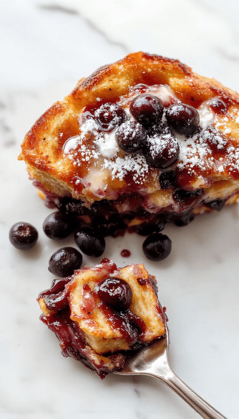 A vibrant baked blueberry French toast casserole in a glass dish topped with powdered sugar and fresh blueberries, golden brown edges, and a drizzle of syrup, styled on a rustic wooden table with a cinnamon stick and mint leaves for garnish