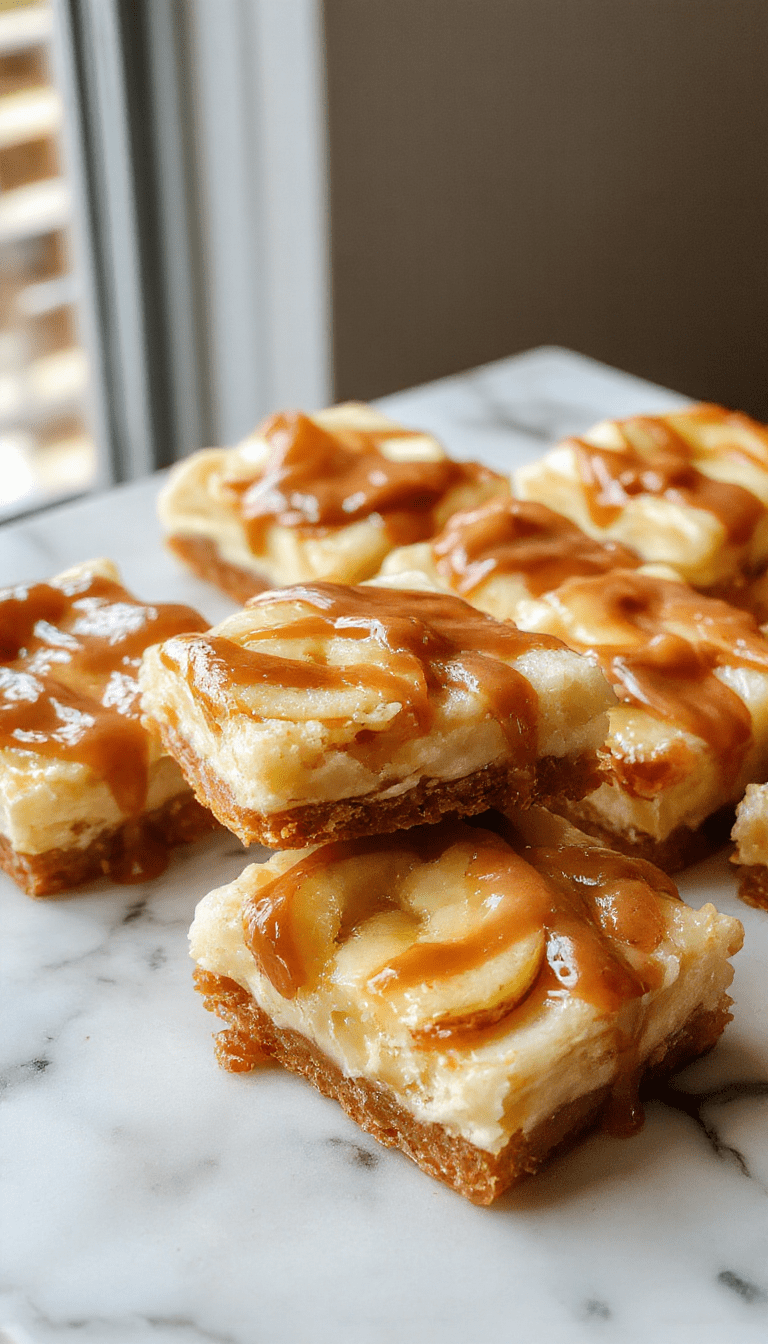 A close-up of golden caramel apple cheesecake bars arranged on a rustic wooden platter. The bars have a crumbly crust, creamy cheesecake layer topped with glossy caramel, and slices of fresh green apple garnished with cinnamon. The background features fall-themed decorations, emphasizing warm tones and inviting textures.