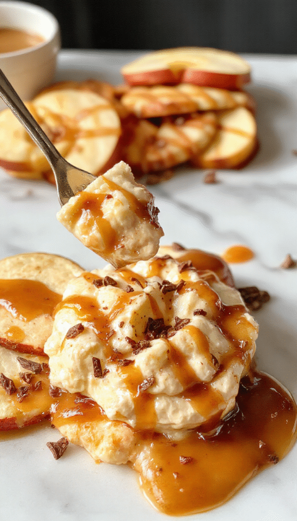 A close-up of a creamy caramel apple cheesecake dip in a clear glass bowl, topped with caramel drizzle, chopped caramelized apples, and graham cracker crumbs, with a golden spoon on a rustic wooden table, colorful apple slices on the side, and a cozy fall ambiance.