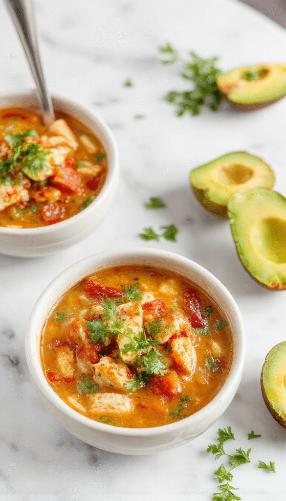 Vibrant bowl of chicken taco soup featuring shredded chicken, black beans, corn, and diced tomatoes topped with fresh cilantro and melted cheese, served in a rustic white bowl on a wooden table with colorful garnish.