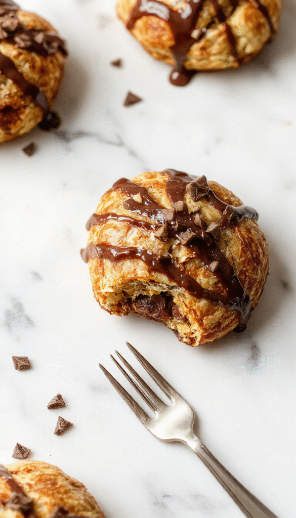 A close-up image of a golden-brown breakfast bake featuring flaky croissants layered with melted chocolate, topped with powdered sugar, served in an elegant dish on a rustic wooden table, with a fork poised beside it and fresh berries garnishing the plate.
