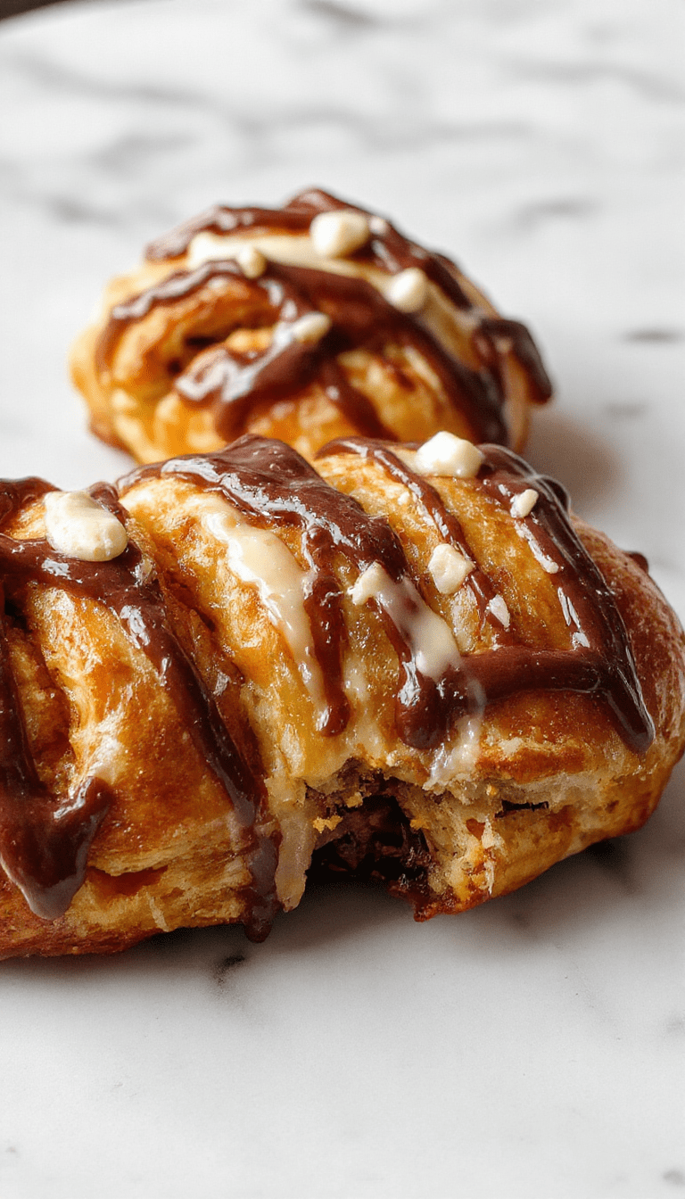 A golden-brown chocolate croissant breakfast bake sliced open to reveal rich chocolate swirls and flaky layers, served on a rustic white plate with powdered sugar dusted on top, garnished with fresh berries and mint, captured in warm natural light emphasizing its gooey, flaky texture.